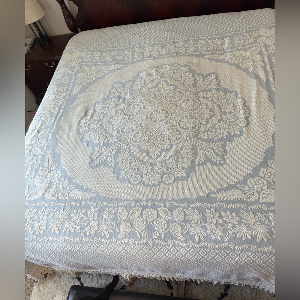 COTTON WOVEN KING BLUE CREAM 6” FRINGE MEDALLION BEDSPREAD 115x115” - Picture 2 of 8